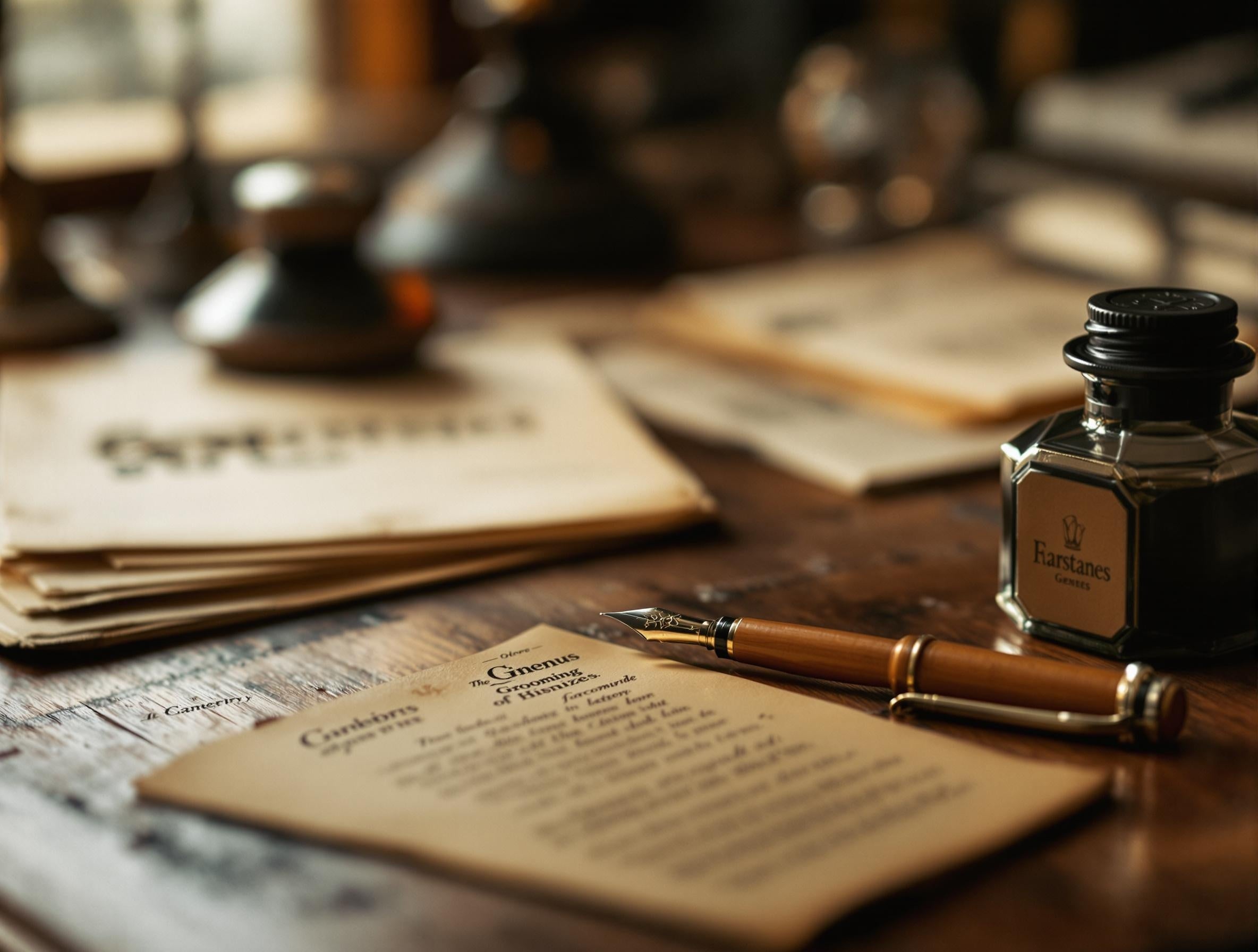 Top view of an antique desk with a fountain pen and inkwell showing on the desk and various old looking paper