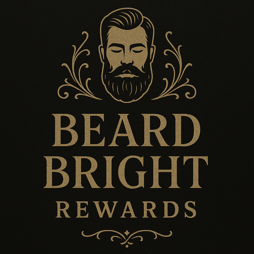 Beard Bright Rewards logo with a stylized illustration of a bearded man on a black background.