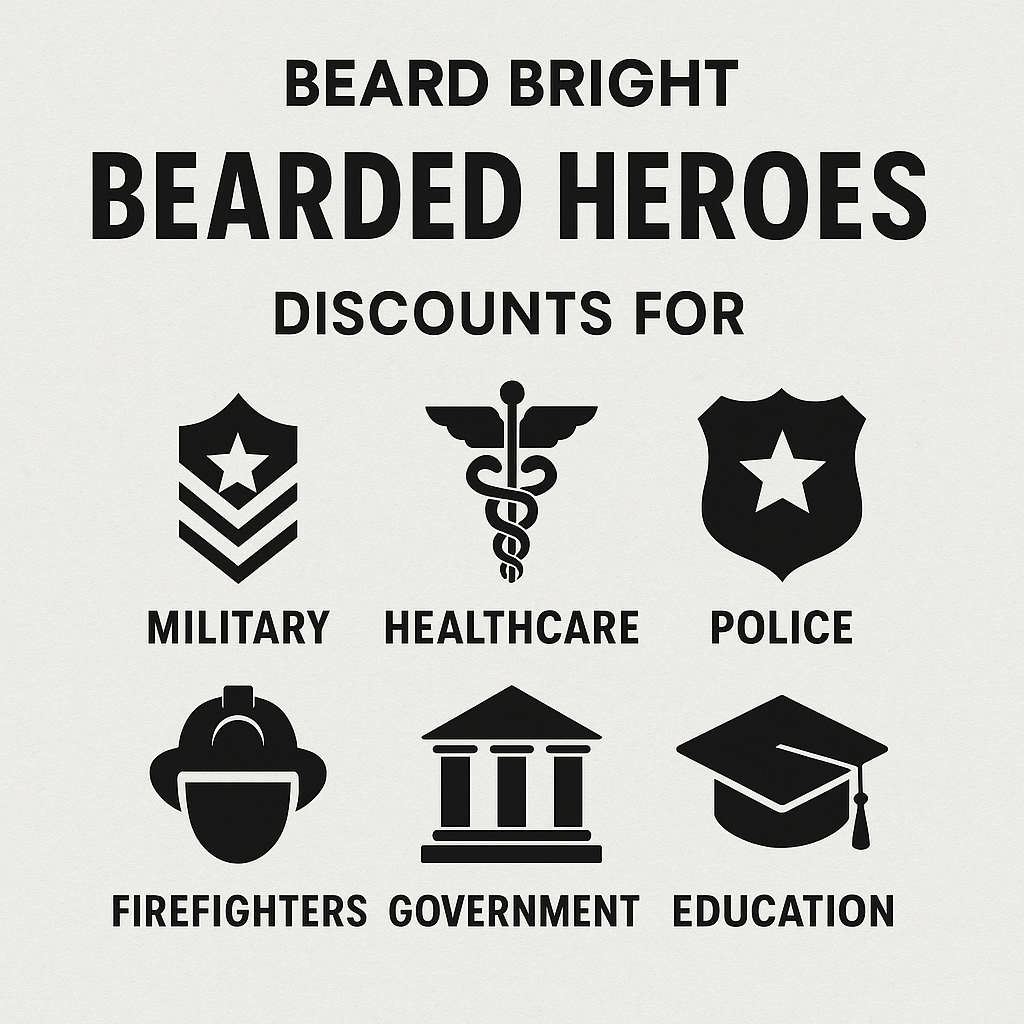 Promotional graphic for Beard Bright Bearded Heroes with discounts for various professions on a light gray background.