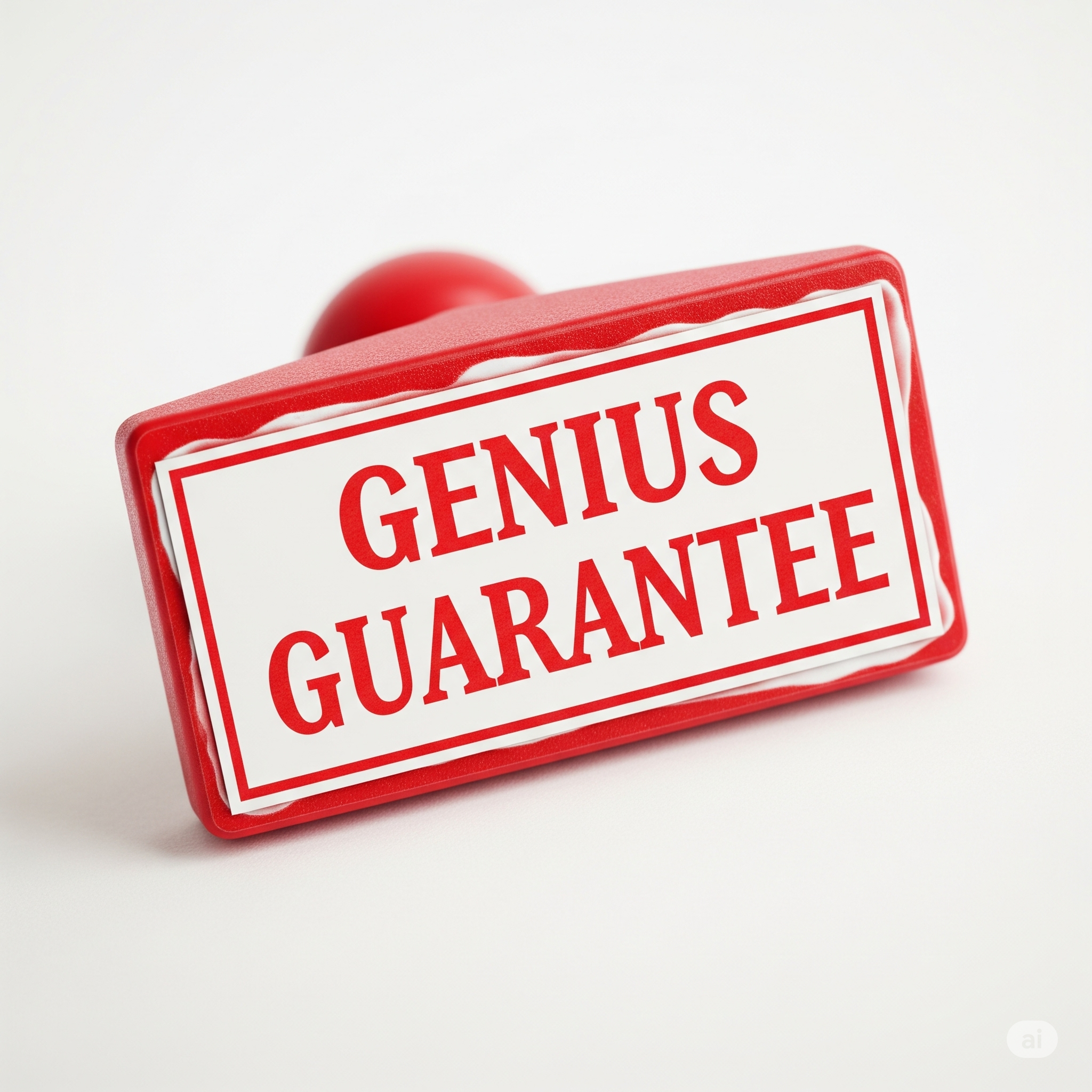 Red stamp with 'GENIUS GUARANTEE' text on a white background