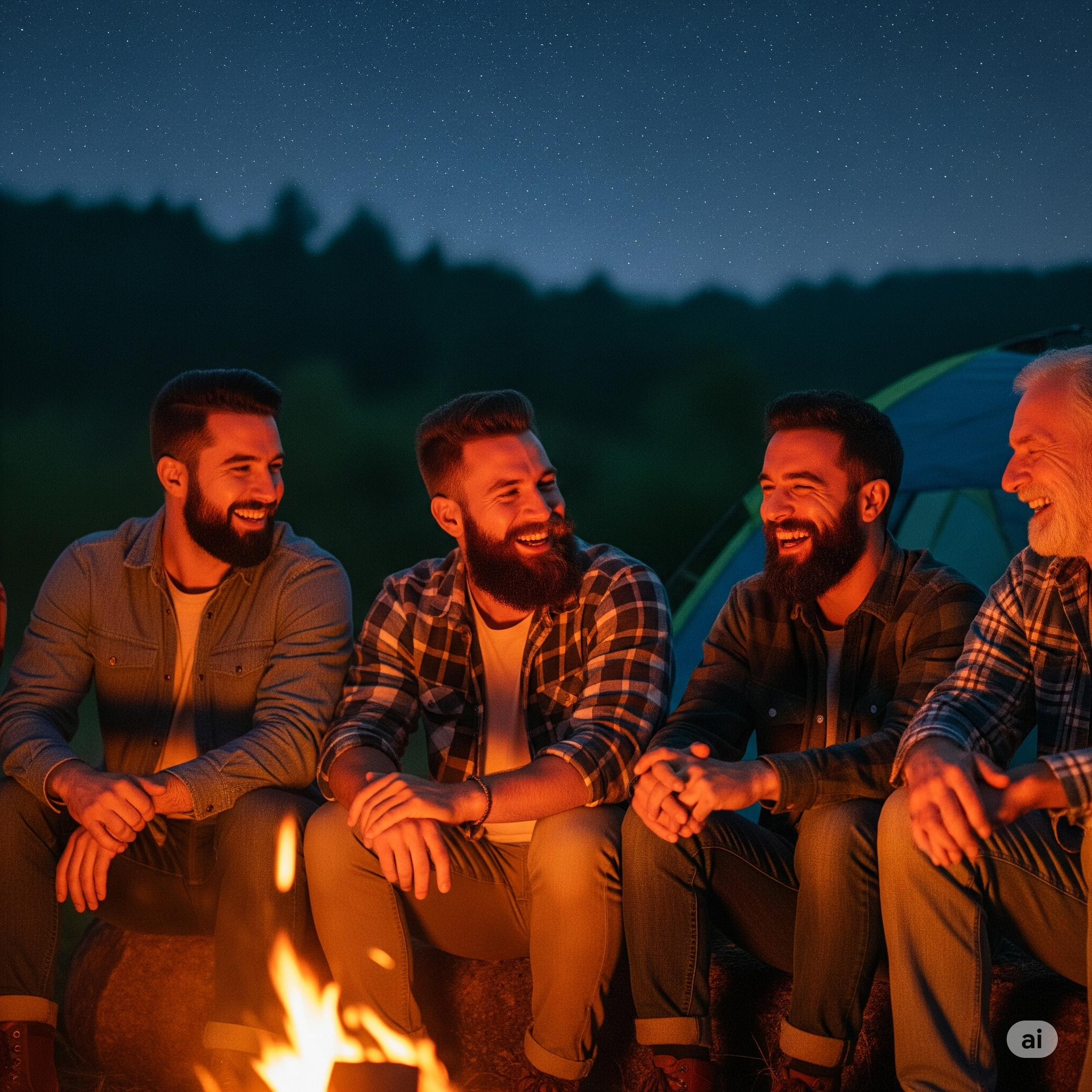 Four men sitting around a campfire at night with stars in the sky.
