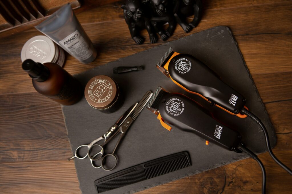 Photo of beard and hair trimming and grooming tools.