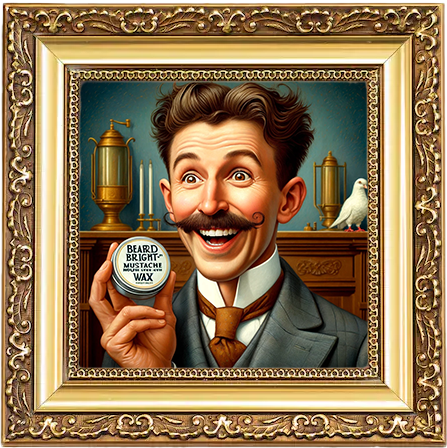 AI generated image of Nikola Tesla holding a tin of Beard Bright beard care product.