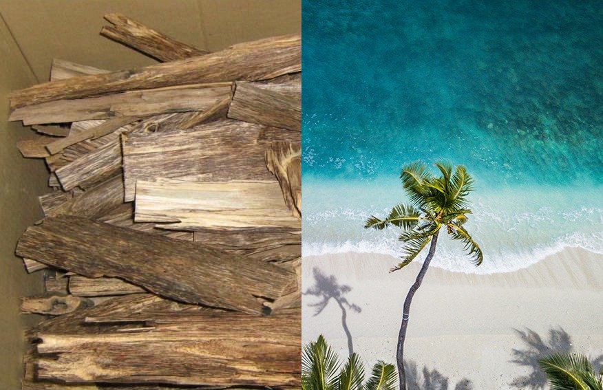 Oud wood on the left and a beach scene on the right. 