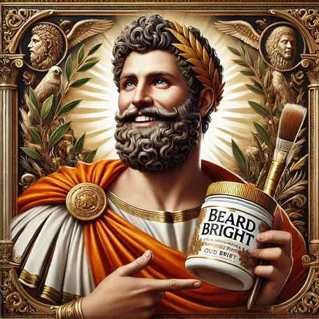 Julius Caesar holding a tin of beard bright product.