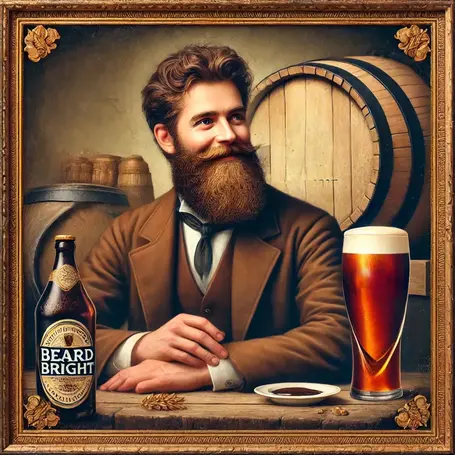 Arthur Guinness with a beer glass and a bottle of beard bright