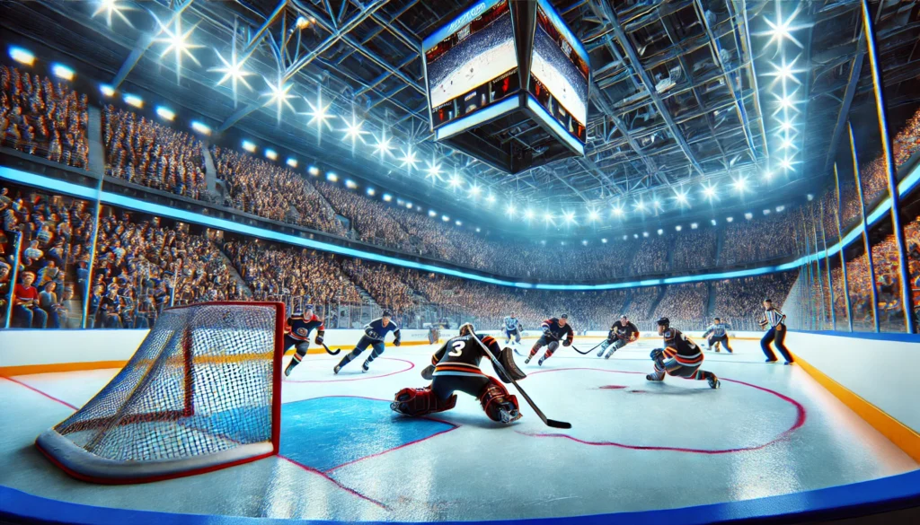 An exciting ice hockey match in progress inside a packed stadium. Players in full gear are skating on the rink, with one team attacking the goal and t