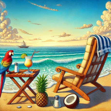 A cartoon scene of an empty beach chair with a side table that has a drink, a salt shaker, and a parrot. Also visible are a pineapple and a half coconut.