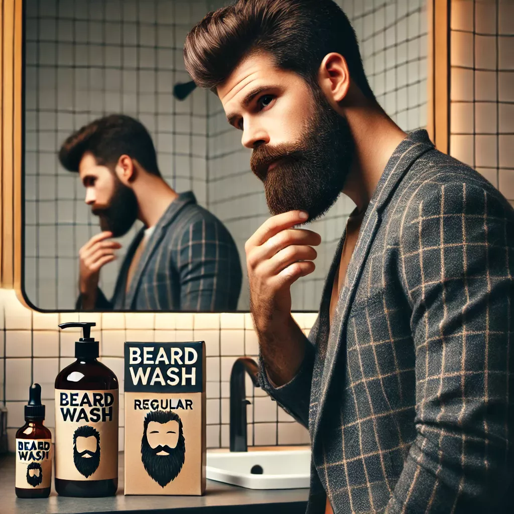 AI generated image of a man with a beard standing next to beard products.